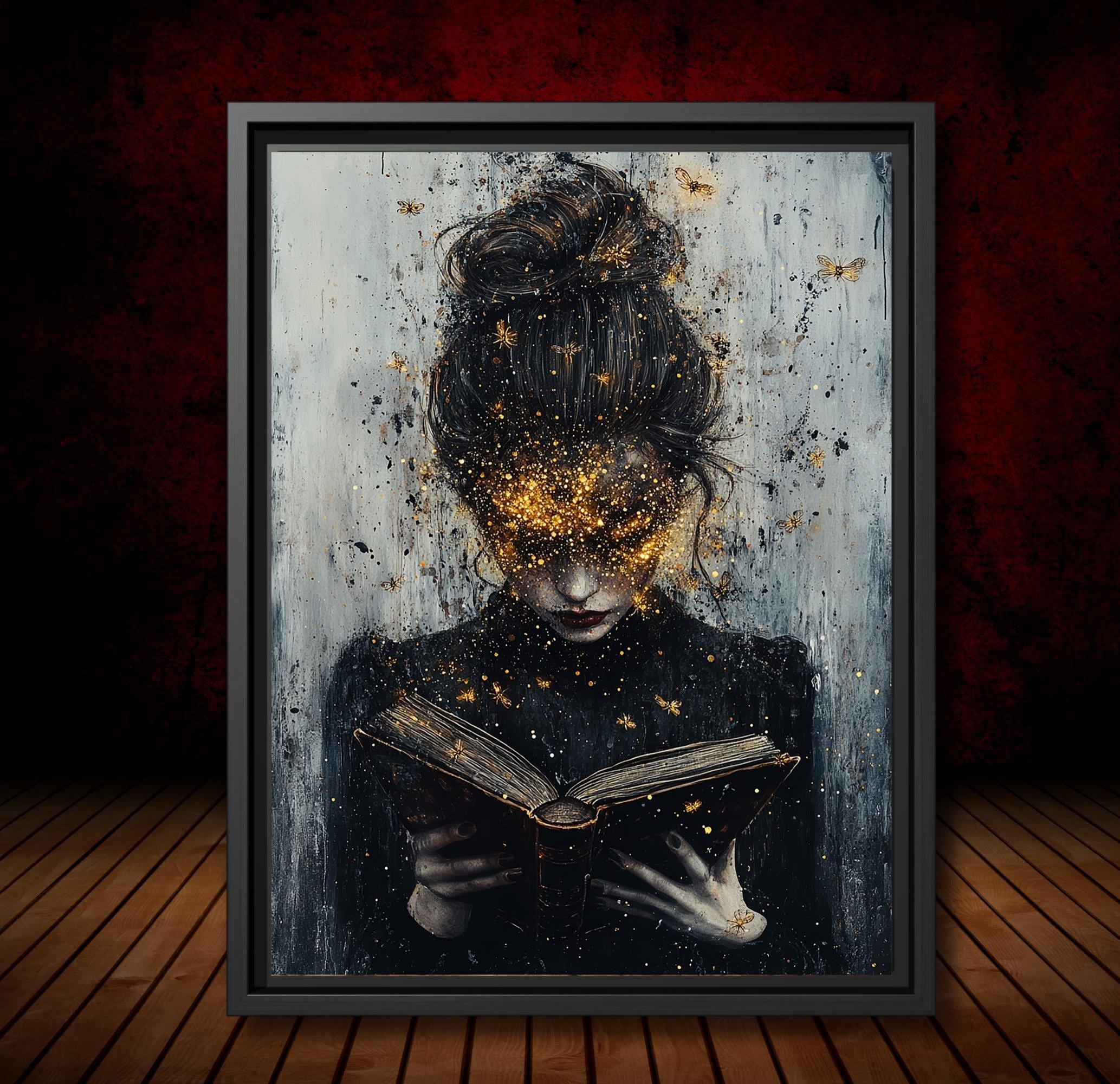 Vintage Lady Reader Wall Art Print Woman Reading Book Gold Moths Moody Literary Decor Main image