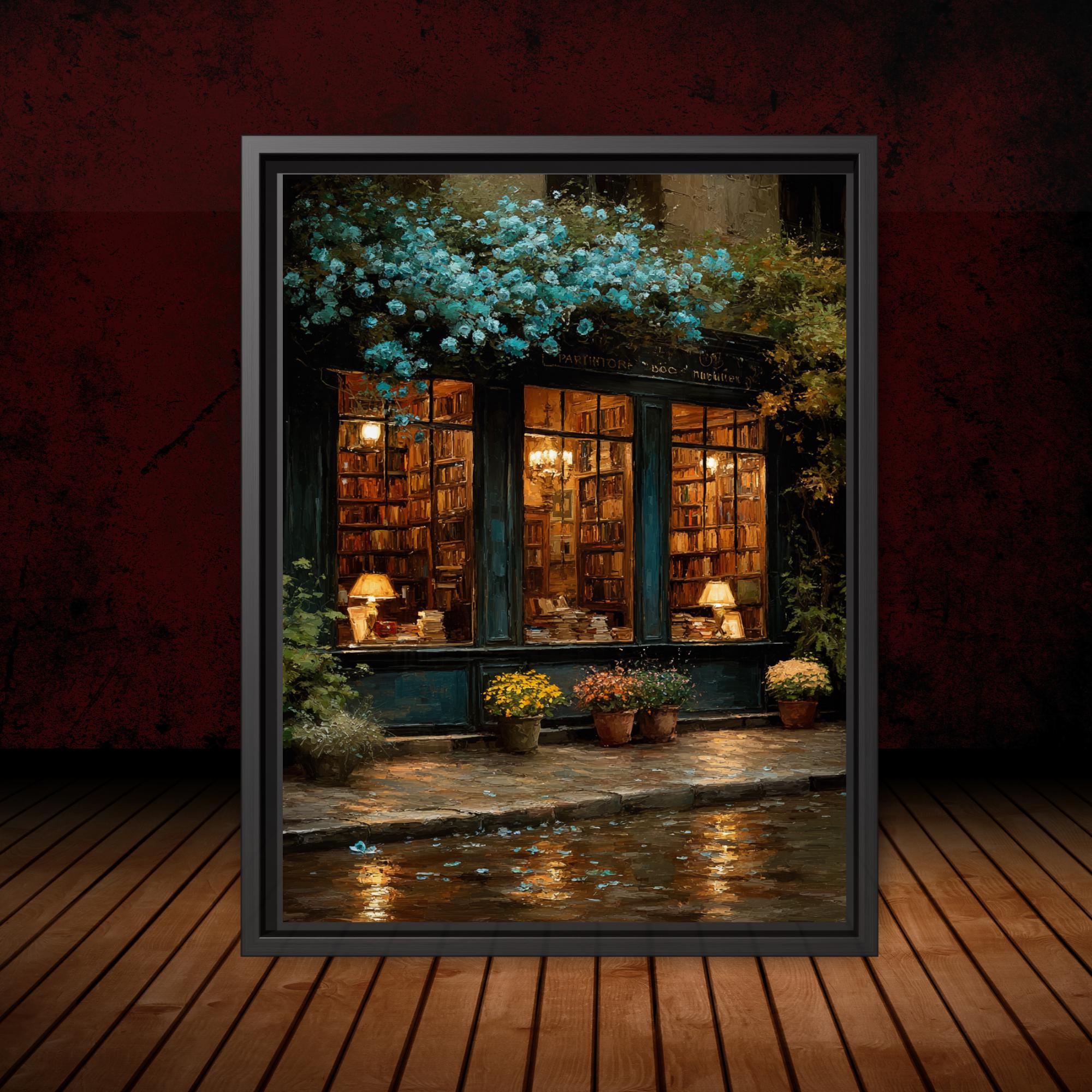 Vintage Bookshop Teal Roses Wall Art Print, Rainy Night Bookstore Painting, Dark Academia London Main image