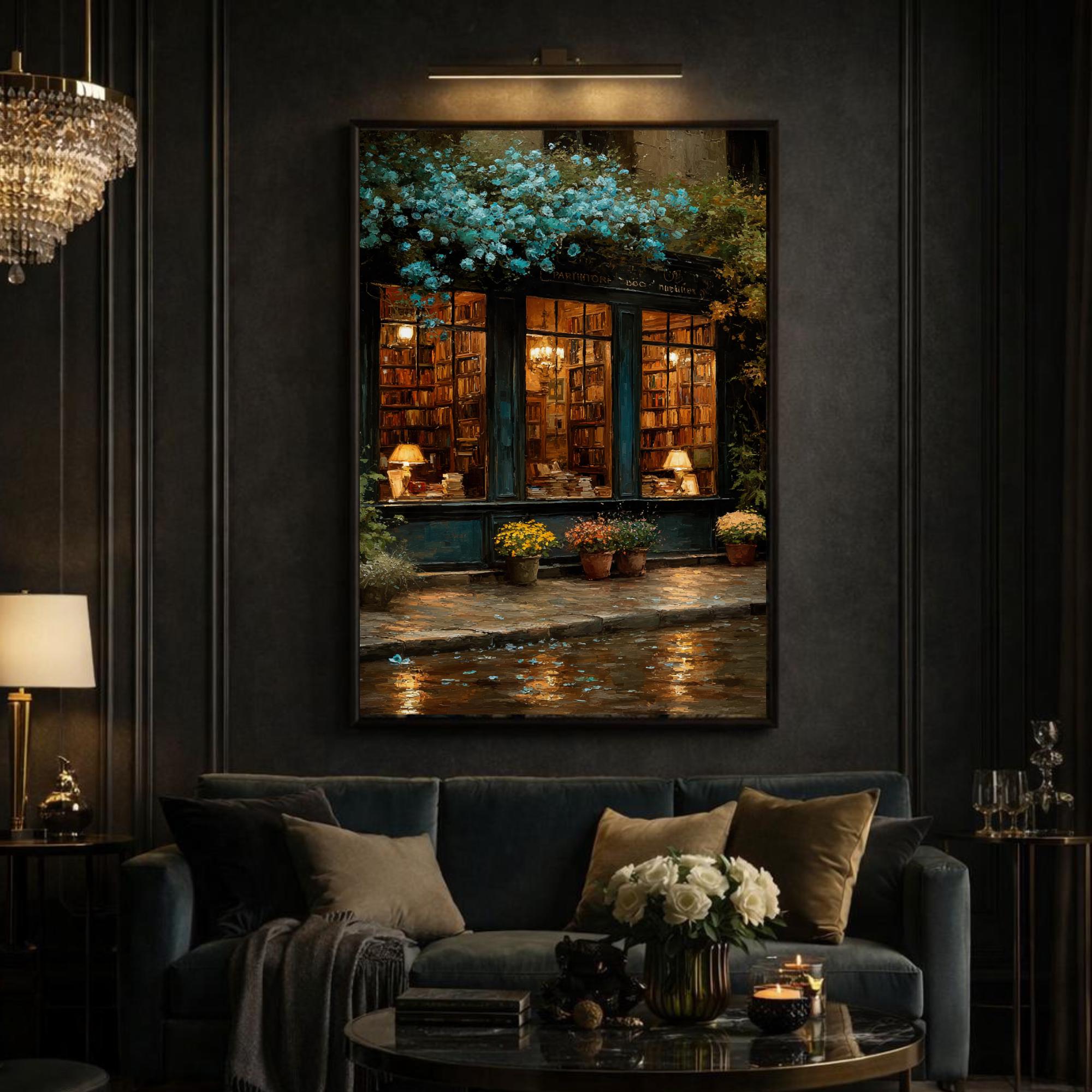 Vintage Bookshop Teal Roses Wall Art Print, Rainy Night Bookstore Painting, Dark Academia London Secondary image