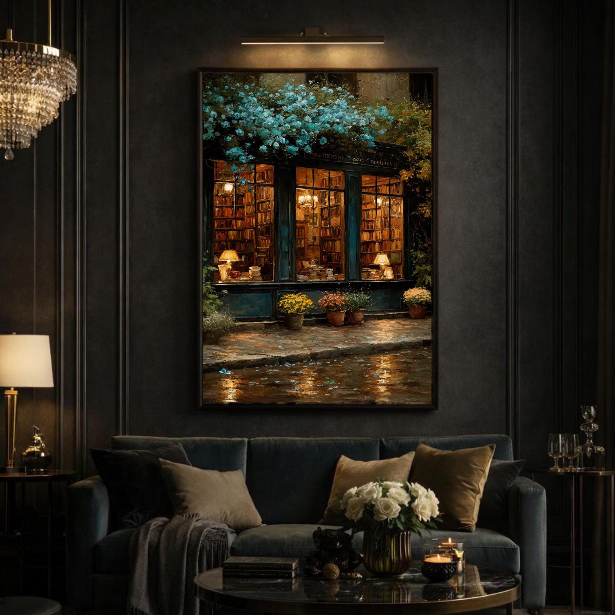 Vintage Bookshop Teal Roses Wall Art Print, Rainy Night Bookstore Painting, Dark Academia London Secondary image
