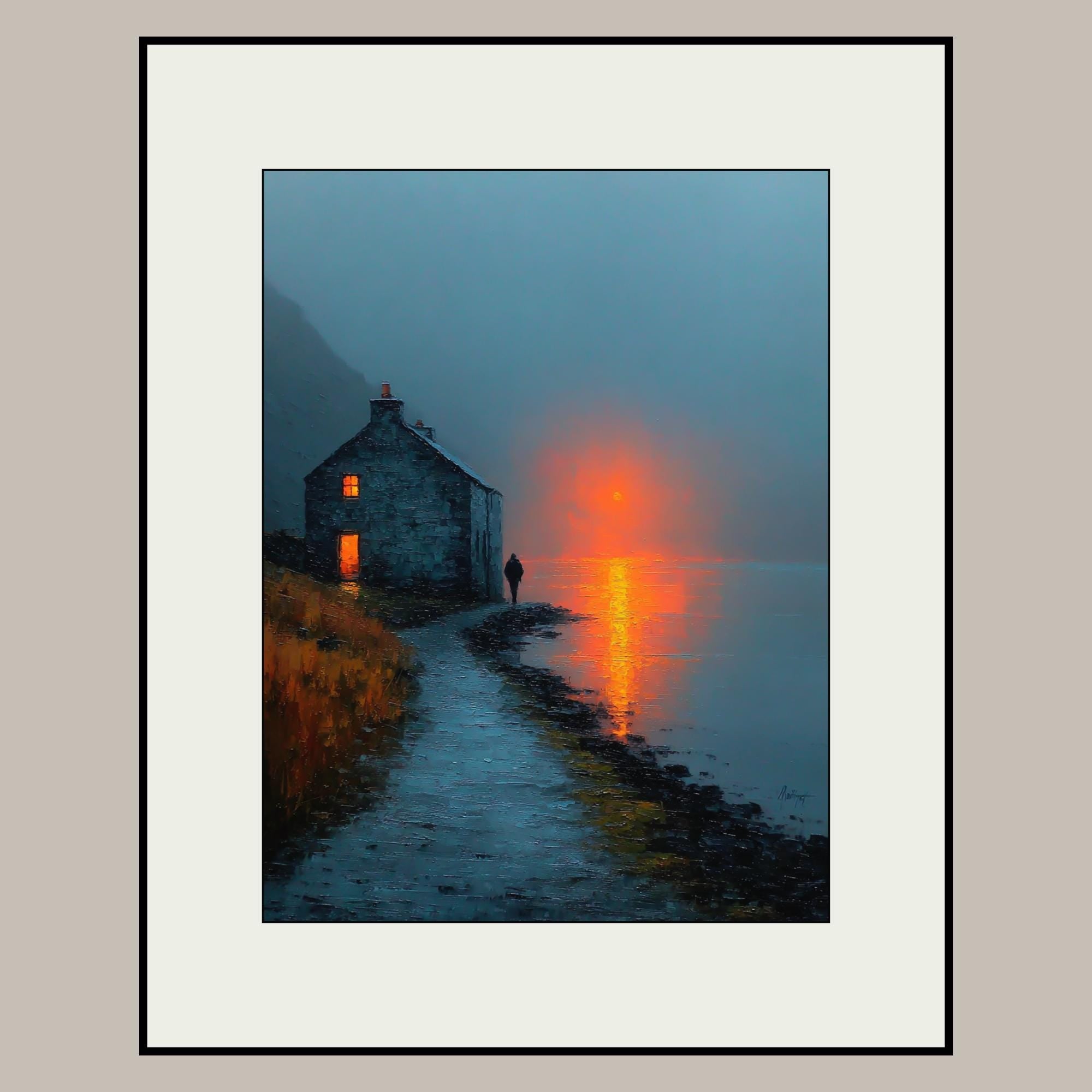 Moody Coastal Cottage Wall Art Print, Misty Loch Sunset Painting, Scottish Highlands Landscape Decor Secondary image