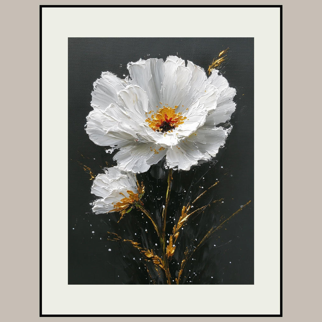White Daisy Wall Art Print, Black Gold Flower Oil Style Painting, Minimalist Floral Decor