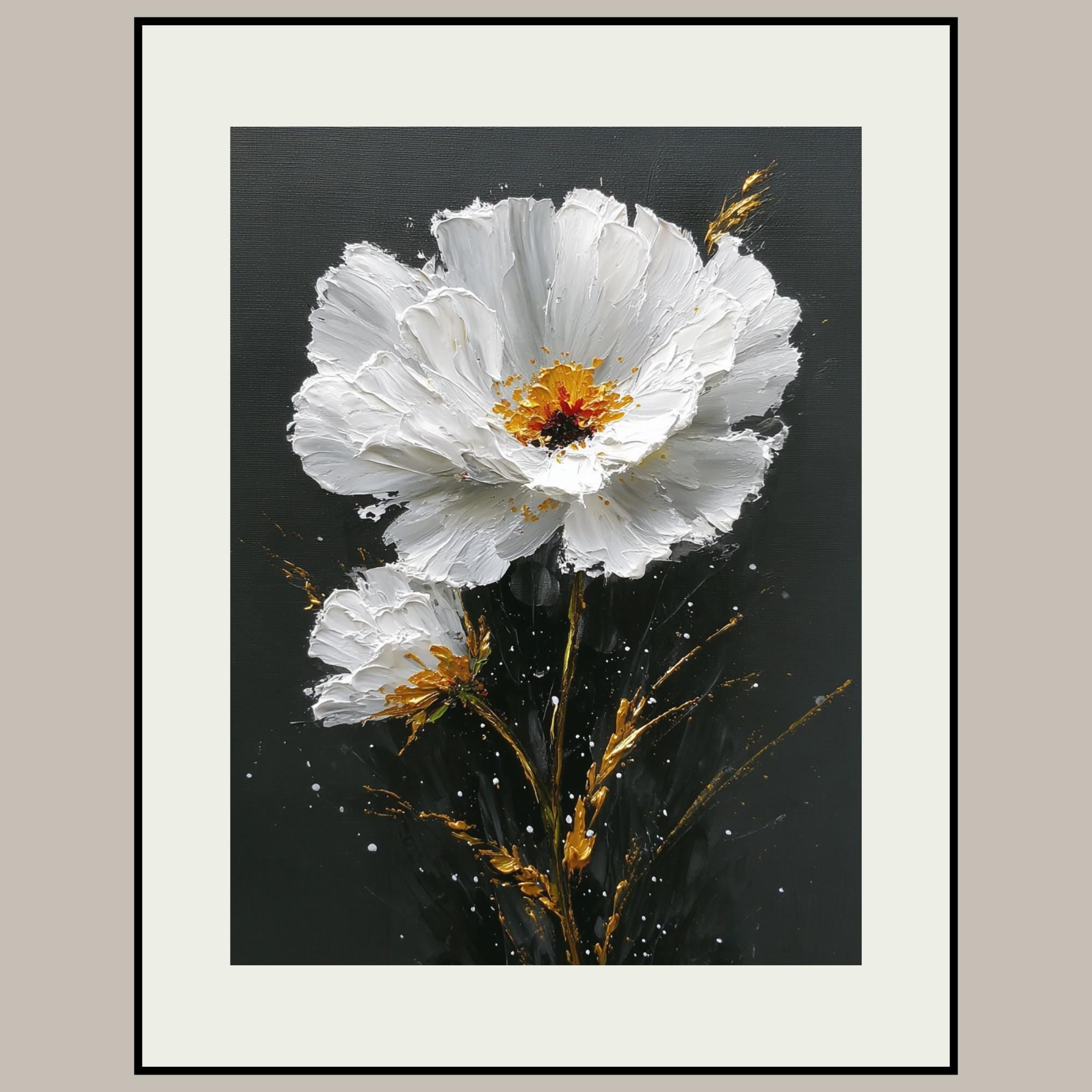White Daisy Wall Art Print, Black Gold Flower Oil Style Painting, Minimalist Floral Decor