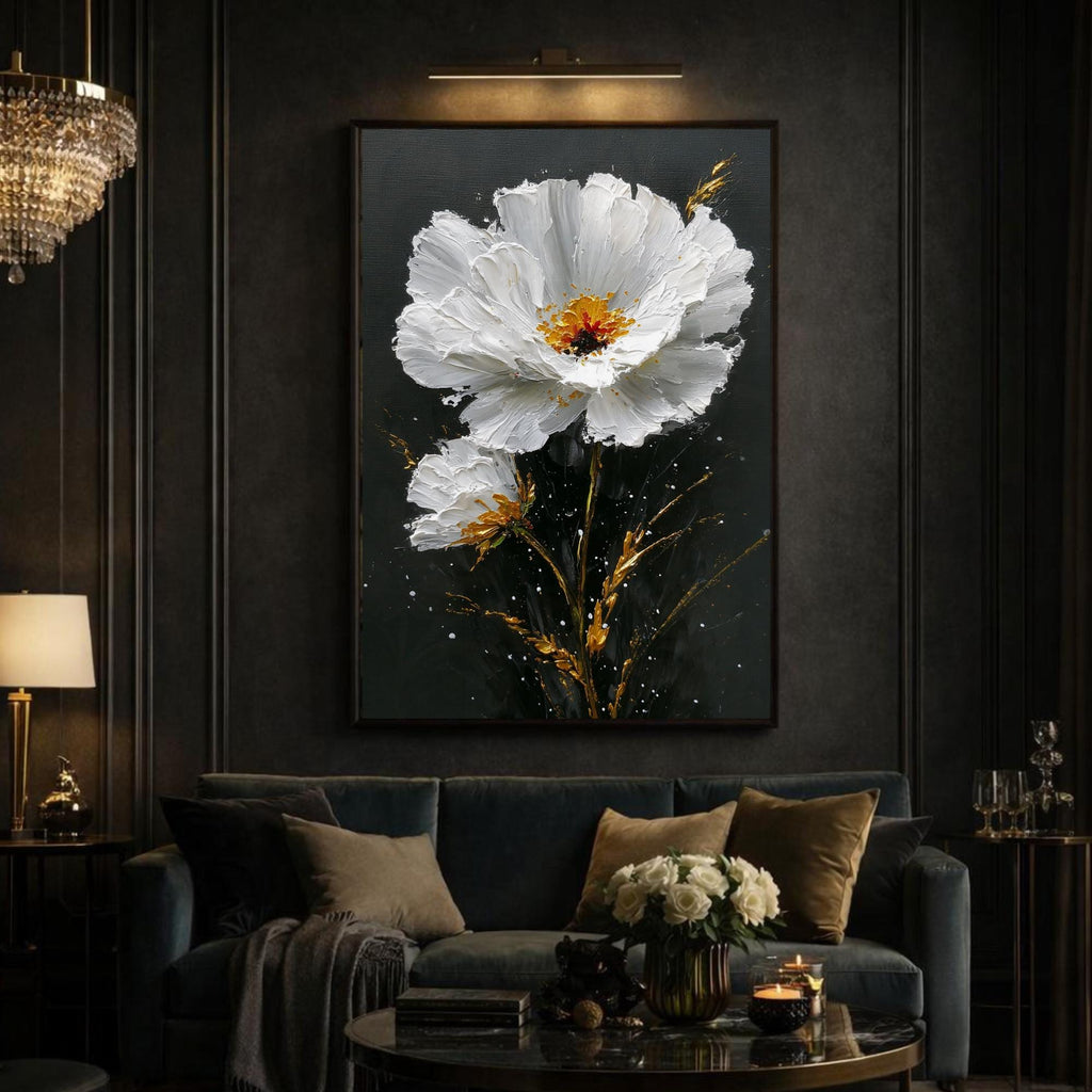 White Daisy Wall Art Print, Black Gold Flower Oil Style Painting, Minimalist Floral Decor