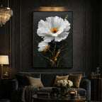 White Daisy Wall Art Print, Black Gold Flower Oil Style Painting, Minimalist Floral Decor