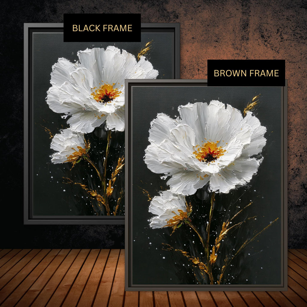 White Daisy Wall Art Print, Black Gold Flower Oil Style Painting, Minimalist Floral Decor