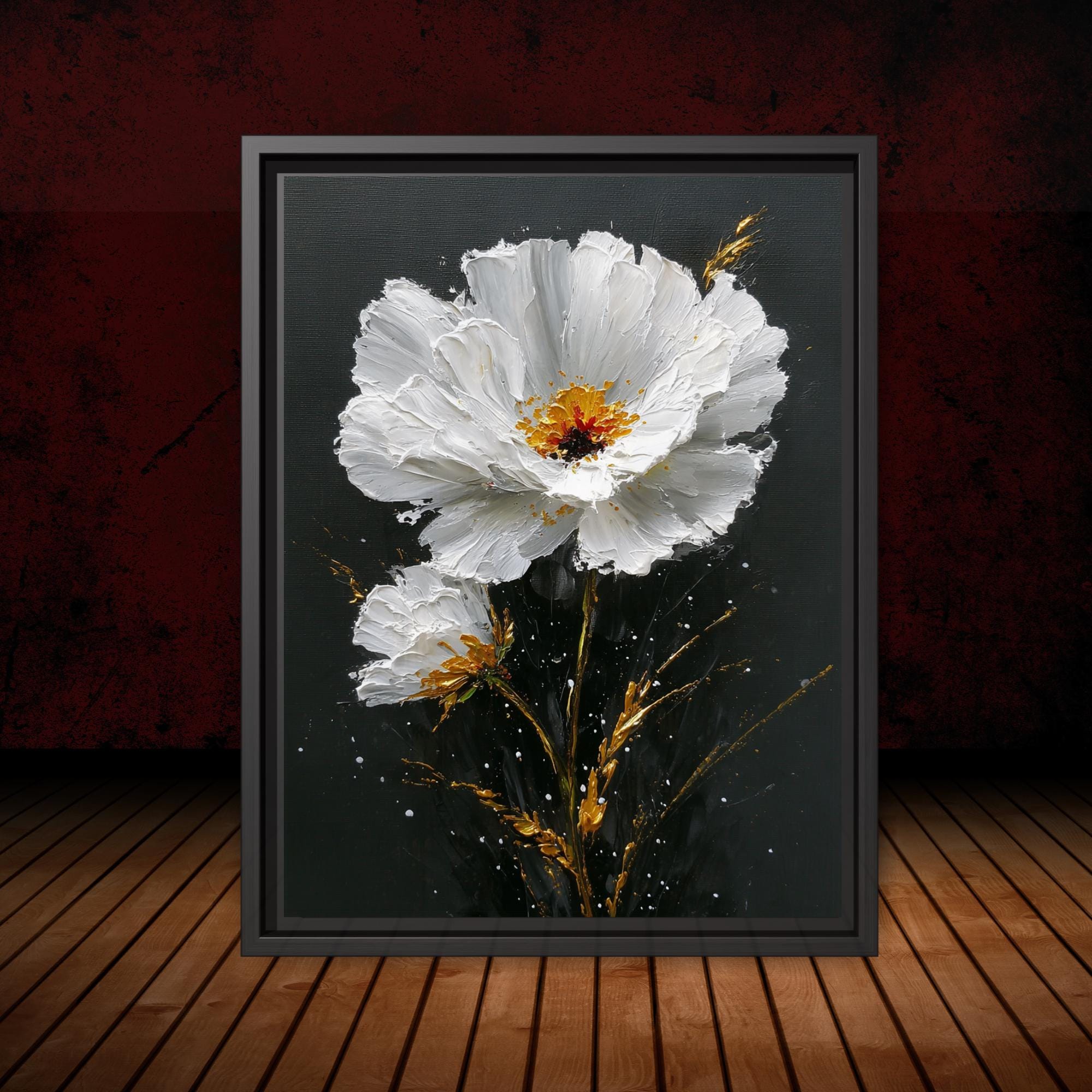 White Daisy Wall Art Print, Black Gold Flower Oil Style Painting, Minimalist Floral Decor