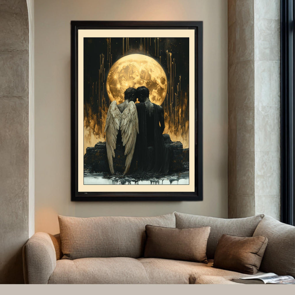Fallen Angel Wall Art Print Gothic Golden Moon Dark Fantasy Romantic Angels Bereavement Decor