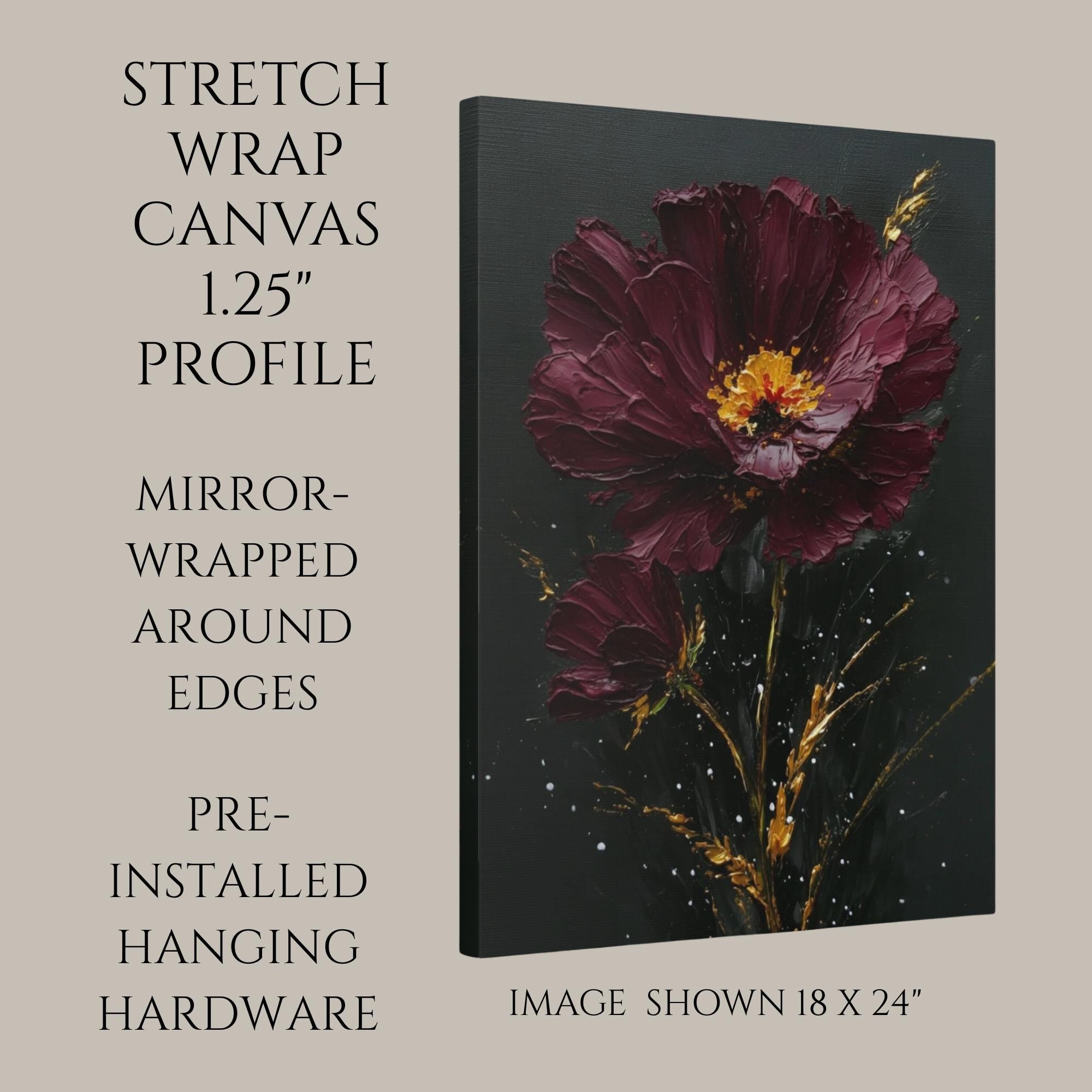 Burgundy Daisy Wall Art Print, Purple Gold Flower Oil Style Painting, Minimalist Floral Decor