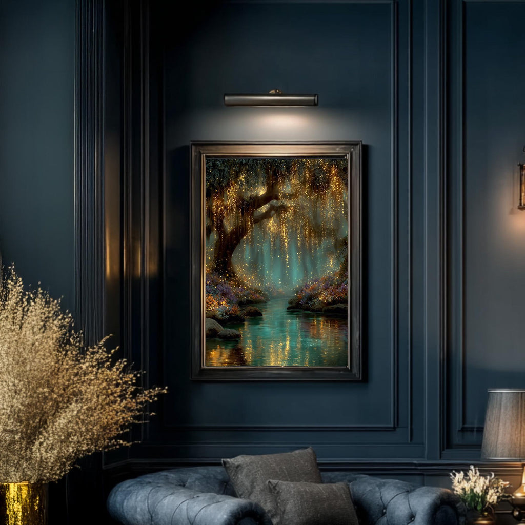 Teal Fireflies Willow Print, Golden River Reflections Glowing Enchanted Forest Magical Painting