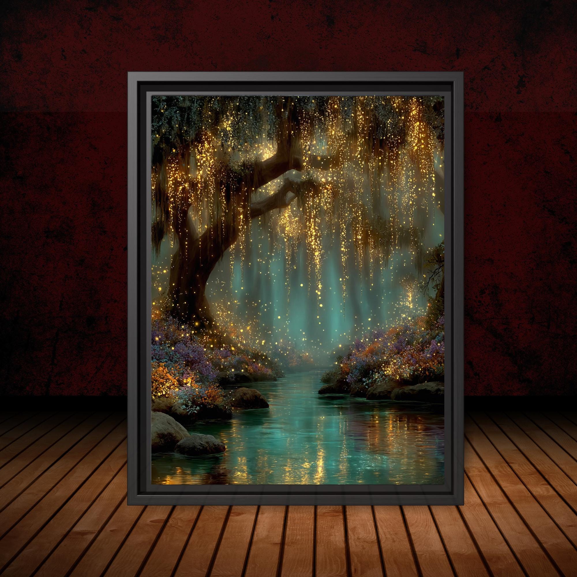 Teal Fireflies Willow Print, Golden River Reflections Glowing Enchanted Forest Magical Painting Main image