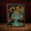 Teal Fireflies Willow Print, Golden River Reflections Glowing Enchanted Forest Magical Painting