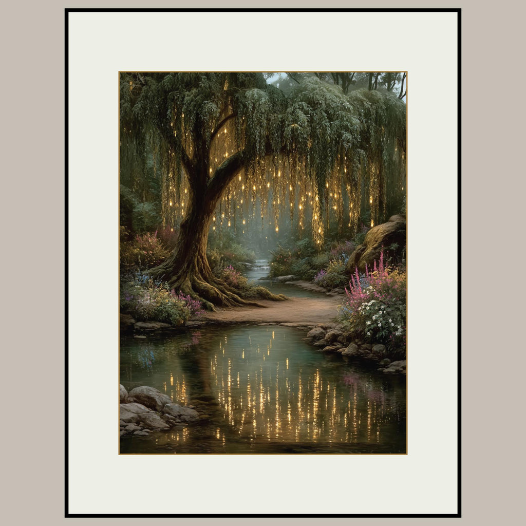 Enchanted Willow Tree Wall Art Print, Magical Forest Path Artwork, Fairy Light Woodland Decor