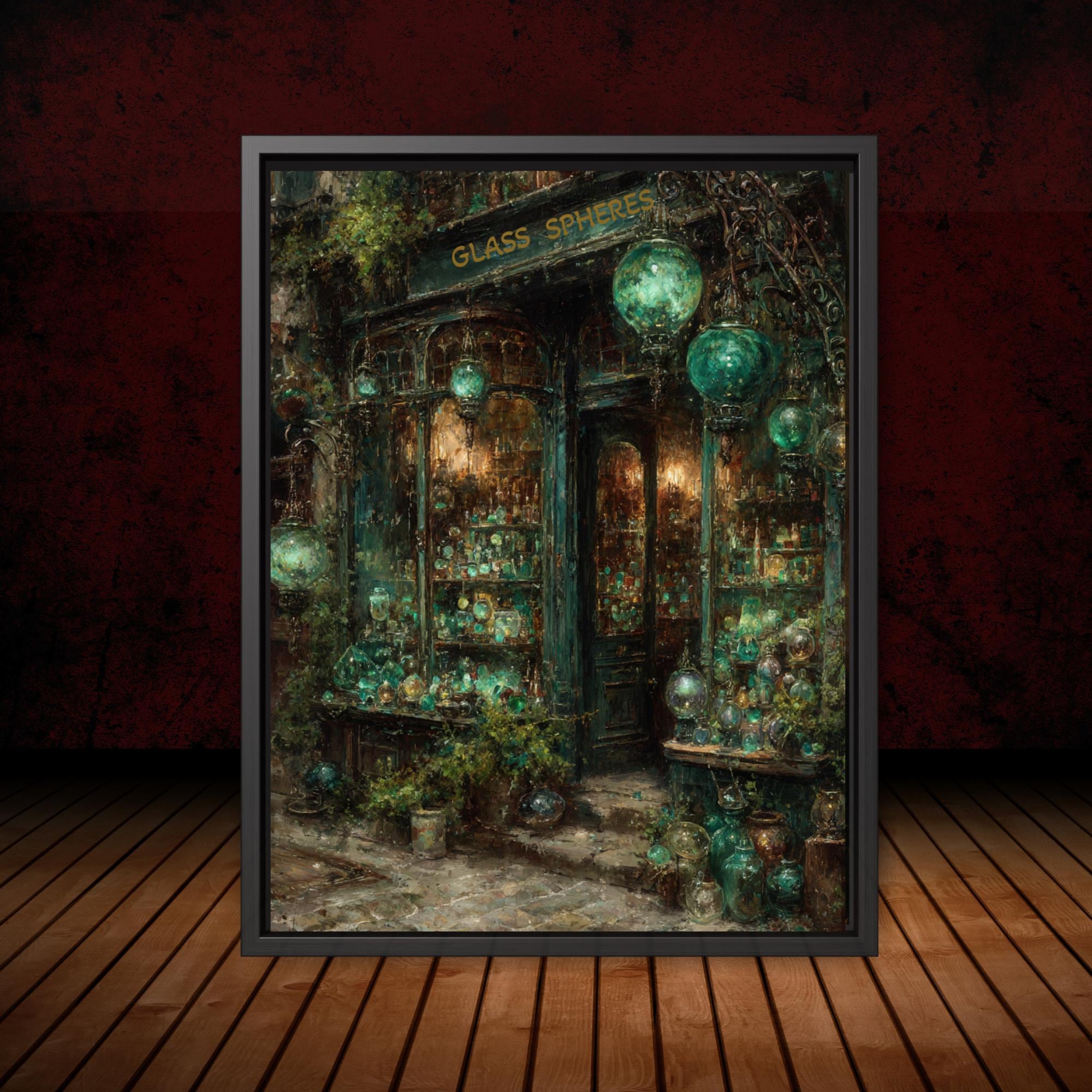 Victorian Glass Bauble Storefront Print, Vintage Green Lanterns Store Painting Style Streetscene Wall Art Main image