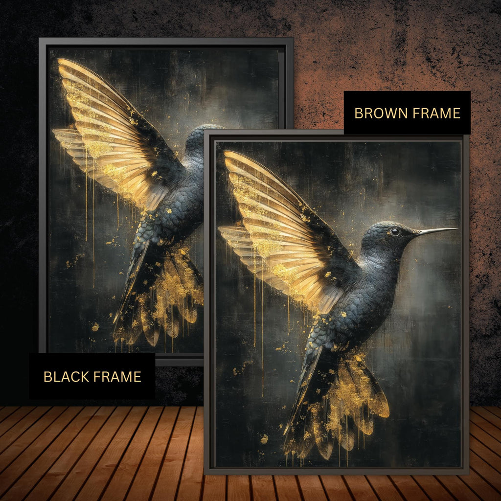 Gothic Hummingbird Wall Art, Black and Gold Dark Fantasy Bird Print, Alchemical Home Decor