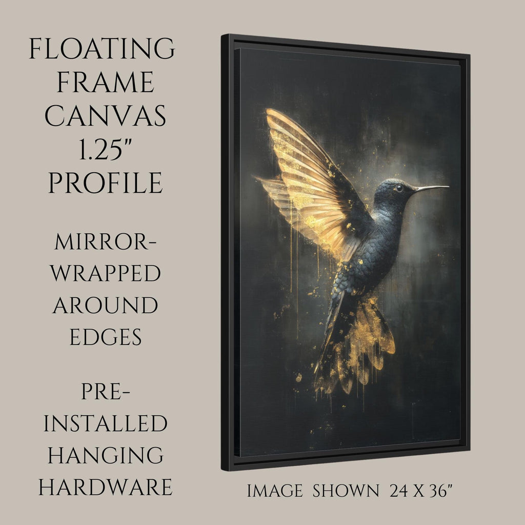 Gothic Hummingbird Wall Art, Black and Gold Dark Fantasy Bird Print, Alchemical Home Decor