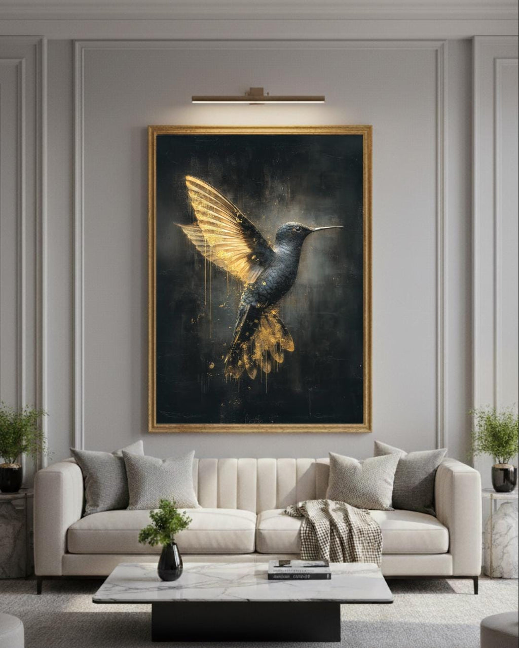 Gothic Hummingbird Wall Art, Black and Gold Dark Fantasy Bird Print, Alchemical Home Decor