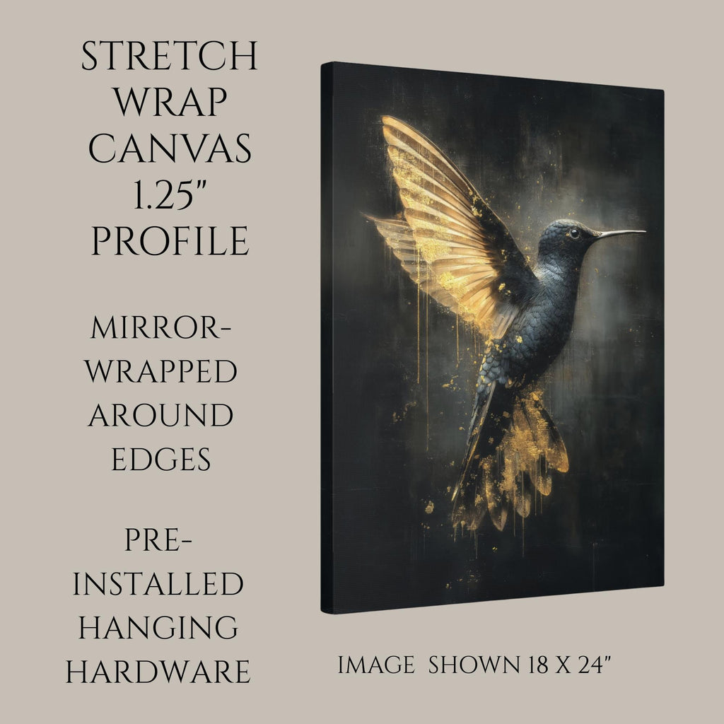 Gothic Hummingbird Wall Art, Black and Gold Dark Fantasy Bird Print, Alchemical Home Decor