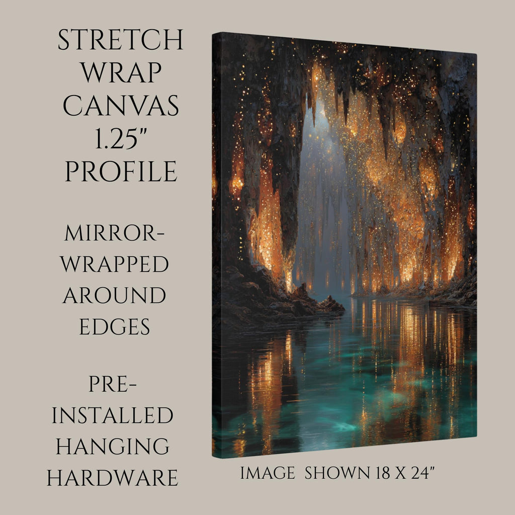 Golden Crystal Cave wall Art print, Turquoise Water Fantasy Print, Glowing Cavern Painting