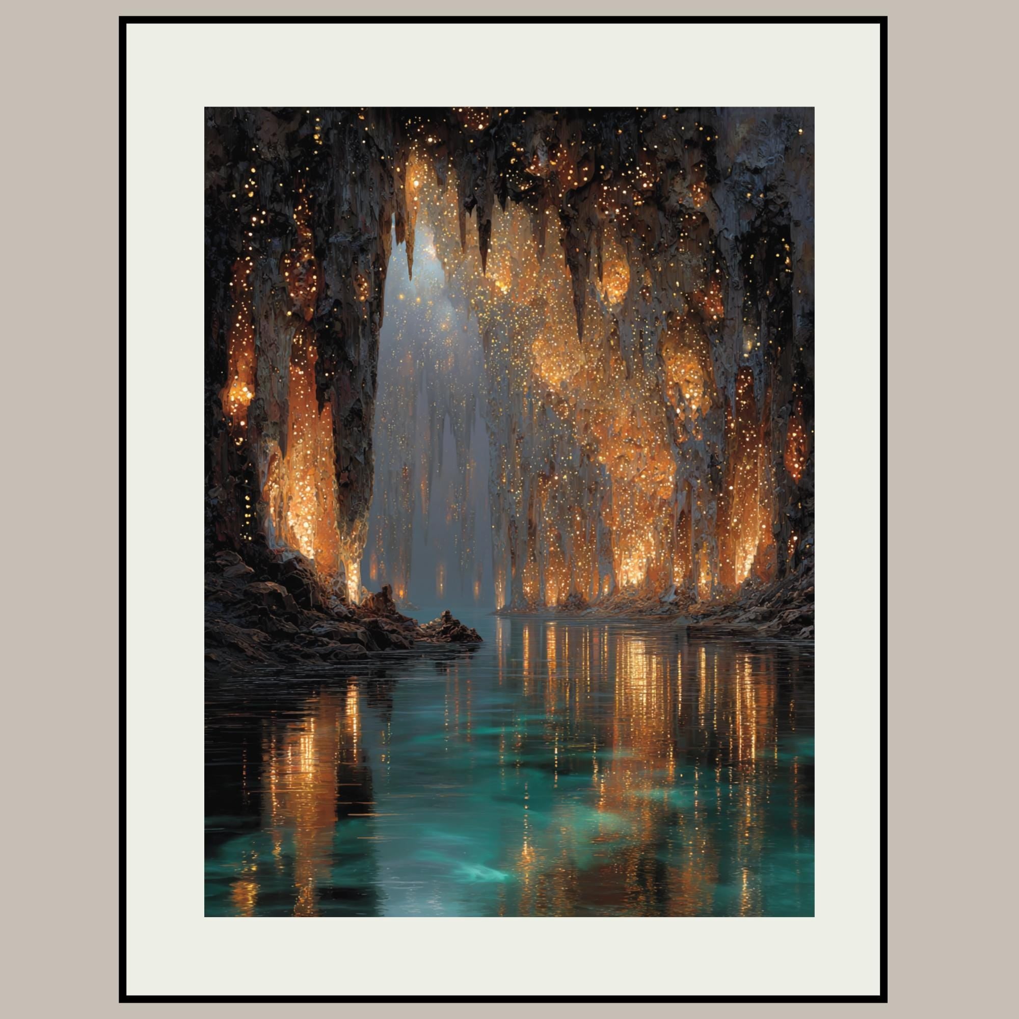 Golden Crystal Cave wall Art print, Turquoise Water Fantasy Print, Glowing Cavern Painting Secondary image