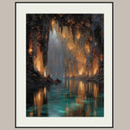 Golden Crystal Cave wall Art print, Turquoise Water Fantasy Print, Glowing Cavern Painting