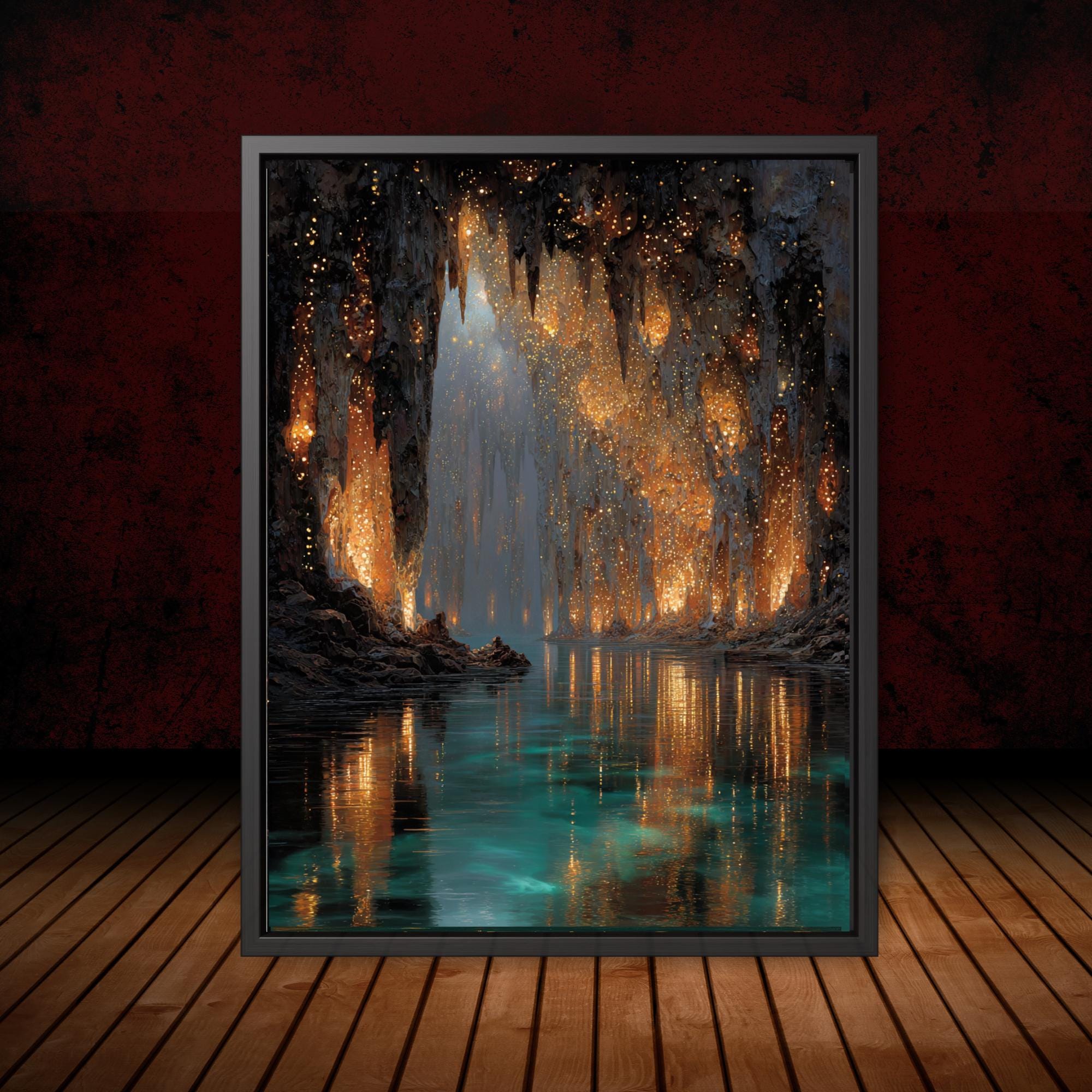 Golden Crystal Cave wall Art print, Turquoise Water Fantasy Print, Glowing Cavern Painting Main image