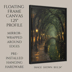 Enchanted Canal Wall Art, Firefly Night Painting, Romantic Street Lamps, Moody Forest Tunnel Print
