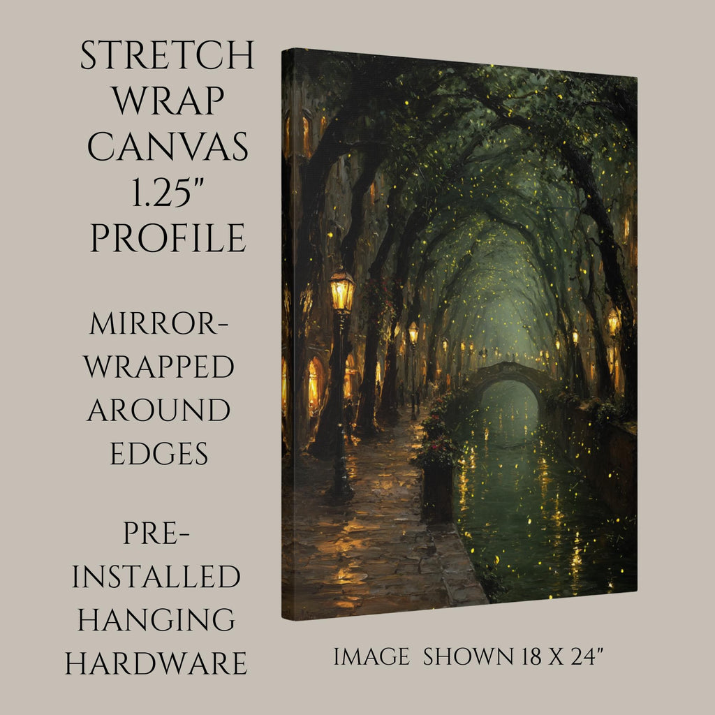 Enchanted Canal Wall Art, Firefly Night Painting, Romantic Street Lamps, Moody Forest Tunnel Print