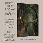Enchanted Canal Wall Art, Firefly Night Painting, Romantic Street Lamps, Moody Forest Tunnel Print