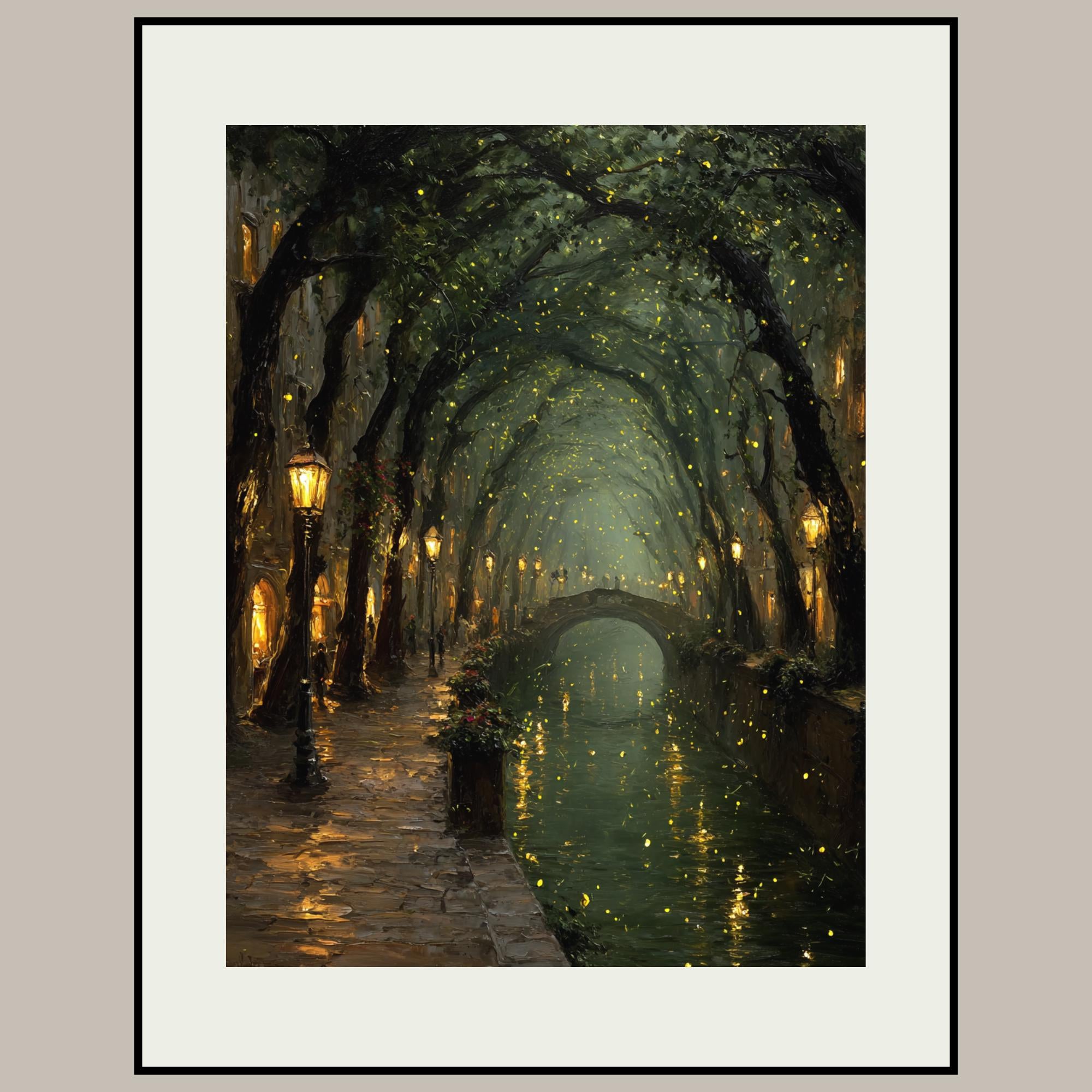 Enchanted Canal Wall Art, Firefly Night Painting, Romantic Street Lamps, Moody Forest Tunnel Print Secondary image