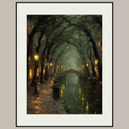 Enchanted Canal Wall Art, Firefly Night Painting, Romantic Street Lamps, Moody Forest Tunnel Print