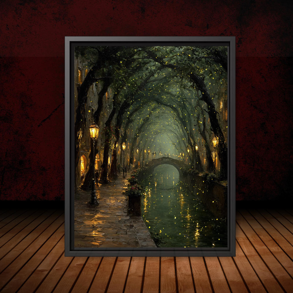 Enchanted Canal Wall Art, Firefly Night Painting, Romantic Street Lamps, Moody Forest Tunnel Print