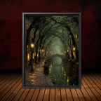 Enchanted Canal Wall Art, Firefly Night Painting, Romantic Street Lamps, Moody Forest Tunnel Print