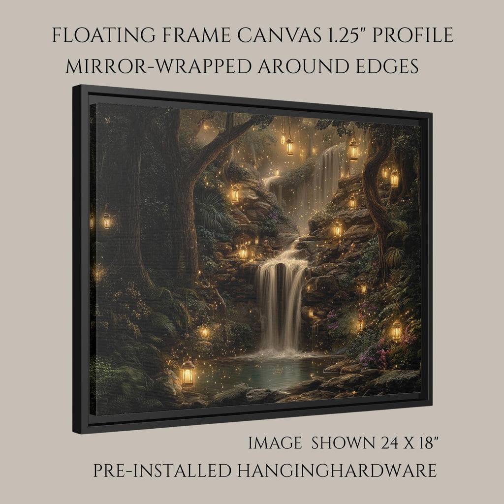 Forest Waterfall Horizontal Art Print, Dark Moody Enchanted Fairy Lantern Landscape Whimsical Woodland Painting