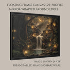 Forest Waterfall Horizontal Art Print, Dark Moody Enchanted Fairy Lantern Landscape Whimsical Woodland Painting