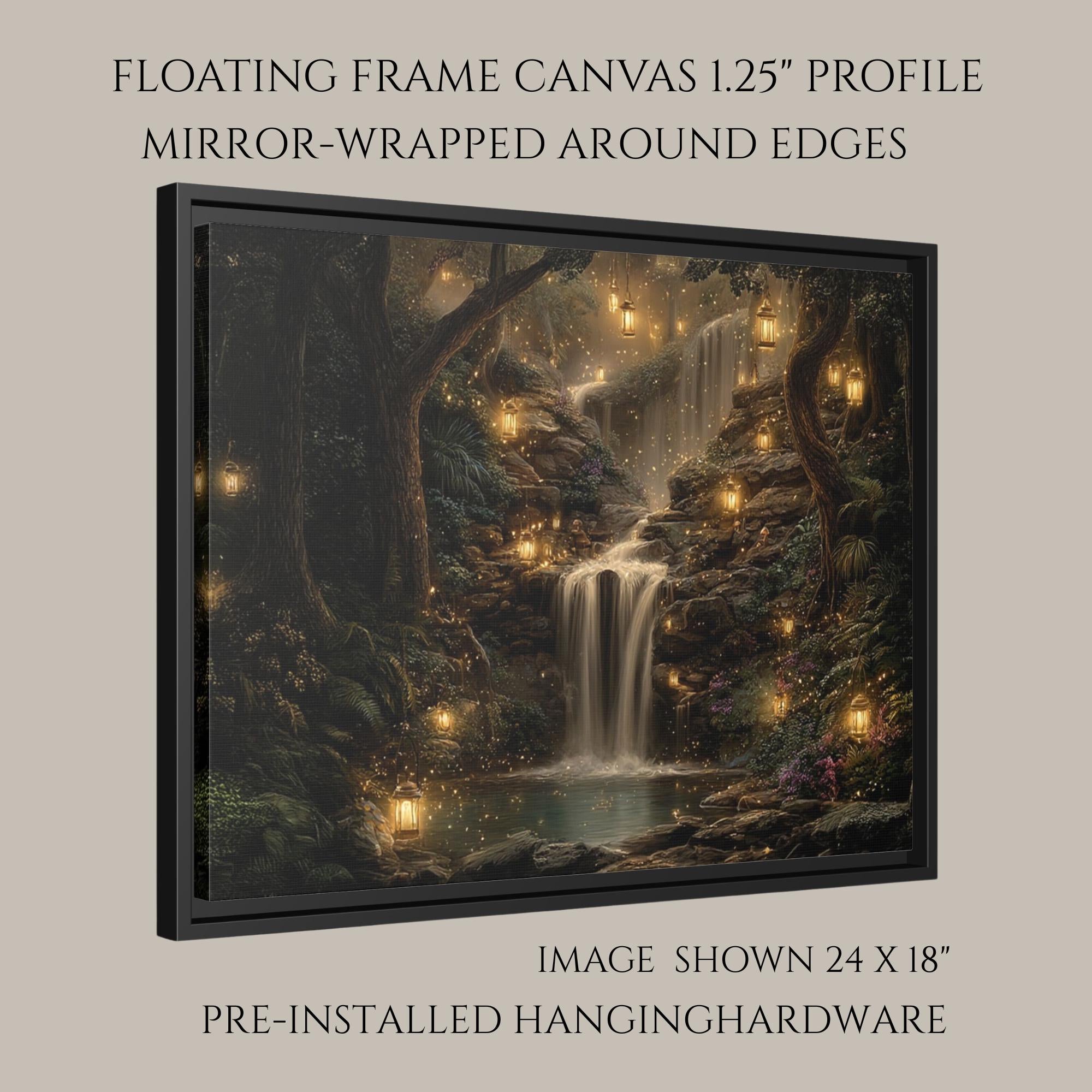 Forest Waterfall Horizontal Art Print, Dark Moody Enchanted Fairy Lantern Landscape Whimsical Woodland Painting