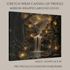 Forest Waterfall Horizontal Art Print, Dark Moody Enchanted Fairy Lantern Landscape Whimsical Woodland Painting
