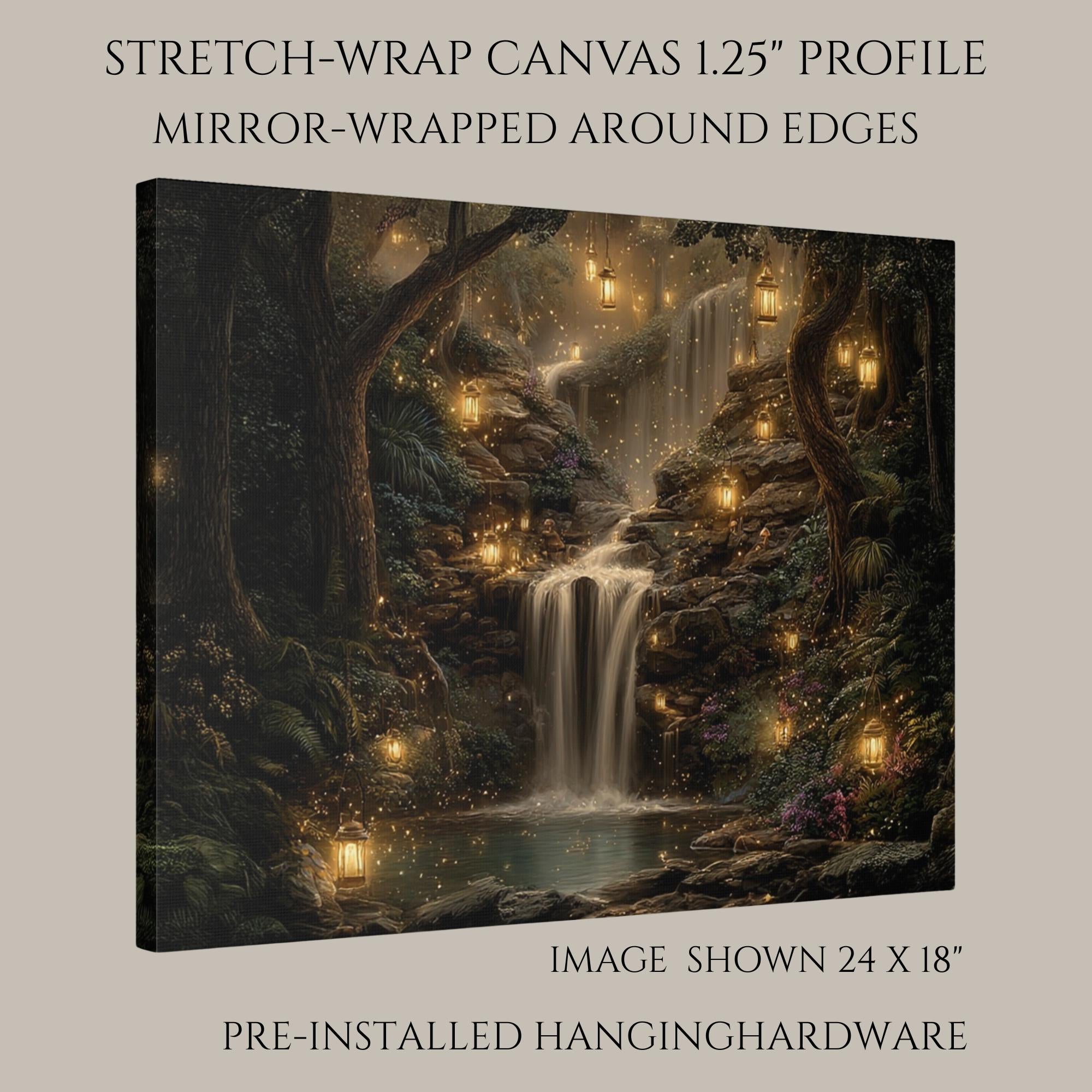 Forest Waterfall Horizontal Art Print, Dark Moody Enchanted Fairy Lantern Landscape Whimsical Woodland Painting