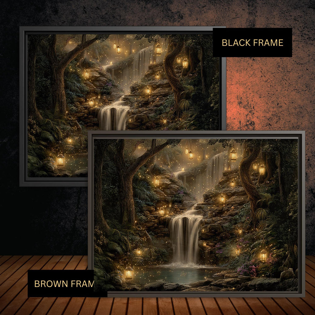 Forest Waterfall Horizontal Art Print, Dark Moody Enchanted Fairy Lantern Landscape Whimsical Woodland Painting