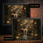 Forest Waterfall Horizontal Art Print, Dark Moody Enchanted Fairy Lantern Landscape Whimsical Woodland Painting