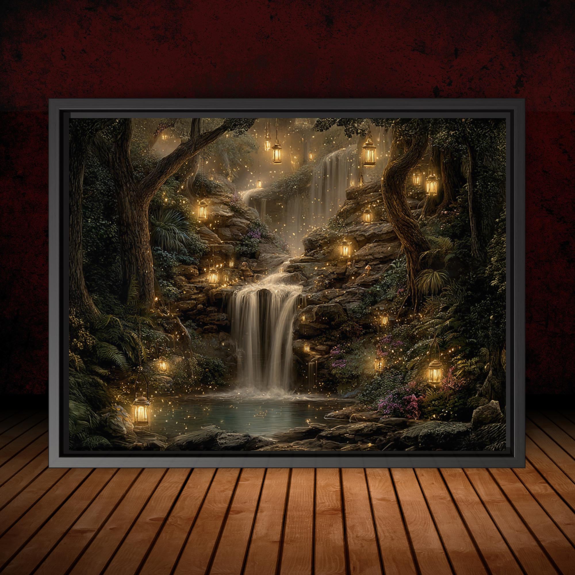 Forest Waterfall Horizontal Art Print, Dark Moody Enchanted Fairy Lantern Landscape Whimsical Woodland Painting Main image