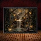 Forest Waterfall Horizontal Art Print, Dark Moody Enchanted Fairy Lantern Landscape Whimsical Woodland Painting