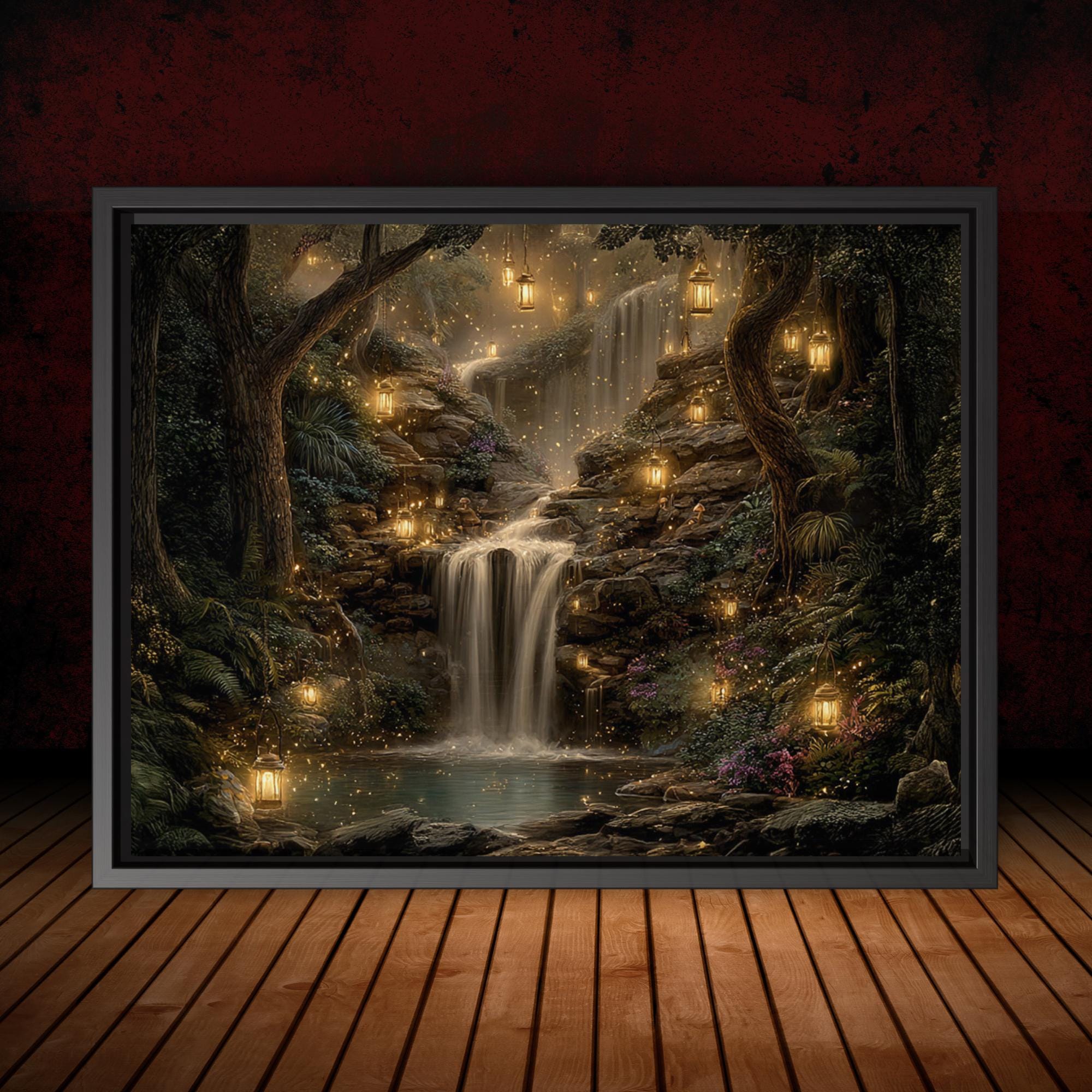 Forest Waterfall Horizontal Art Print, Dark Moody Enchanted Fairy Lantern Landscape Whimsical Woodland Painting Main image
