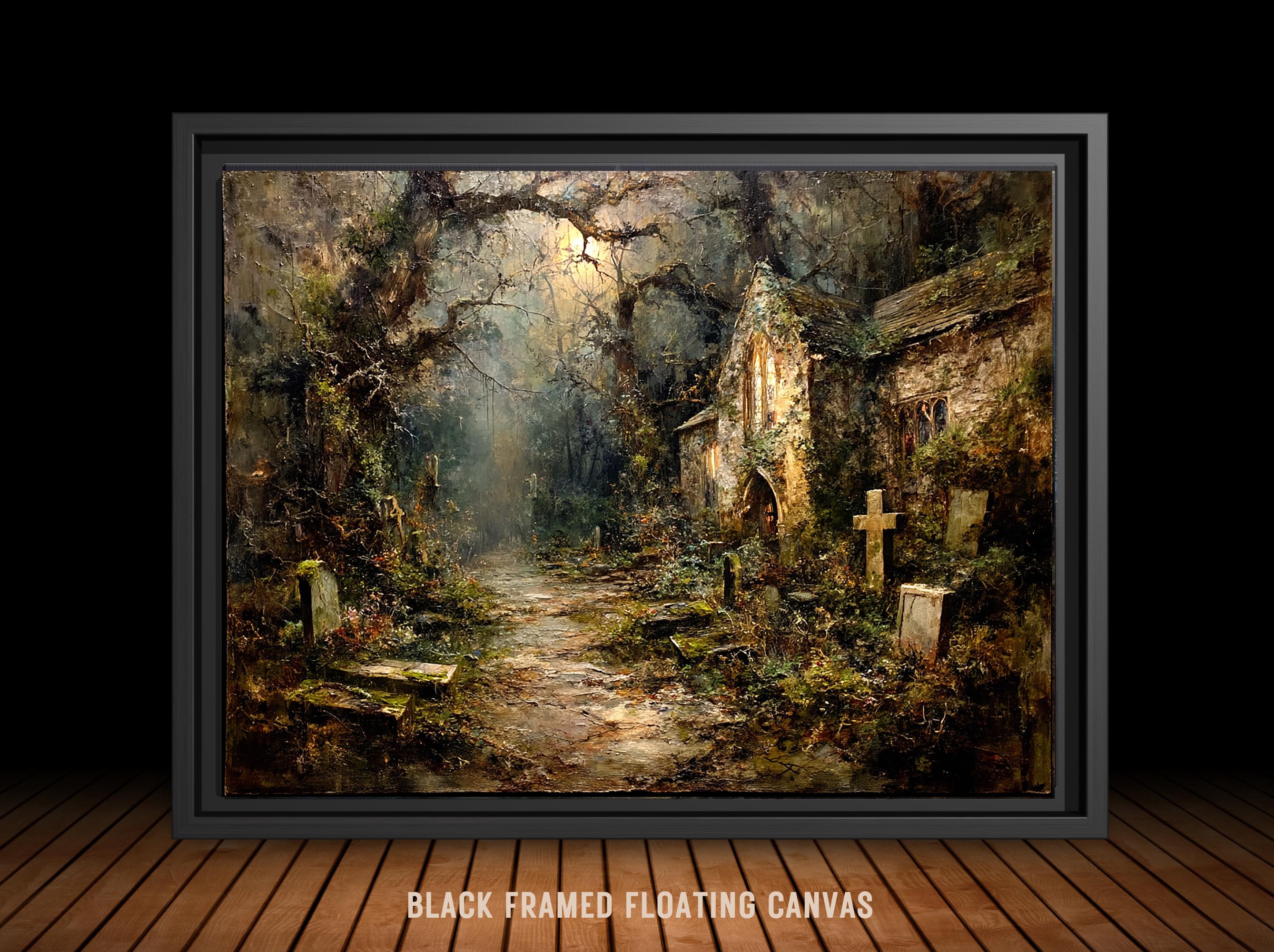 Haunted Church Graveyard Art Print, Abandoned Graves Moonlit Cemetery Dark Moody Painting