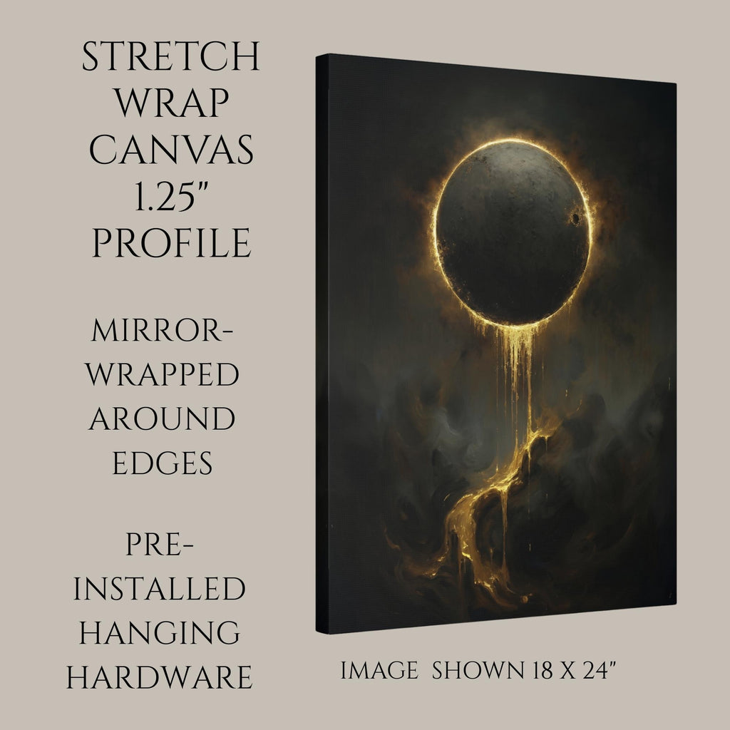 Golden Eclipse Wall Art, Black Moon Dripping Gold, Dark Moody Decor, Oil Painting Style