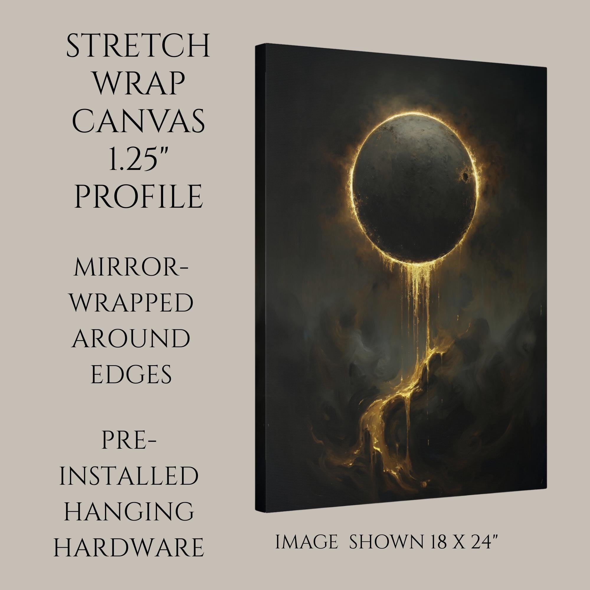 Golden Eclipse Wall Art, Black Moon Dripping Gold, Dark Moody Decor, Oil Painting Style