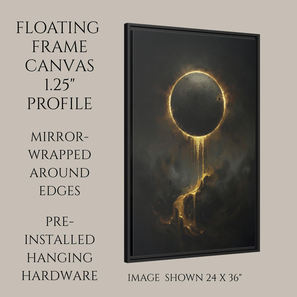 Golden Eclipse Wall Art, Black Moon Dripping Gold, Dark Moody Decor, Oil Painting Style