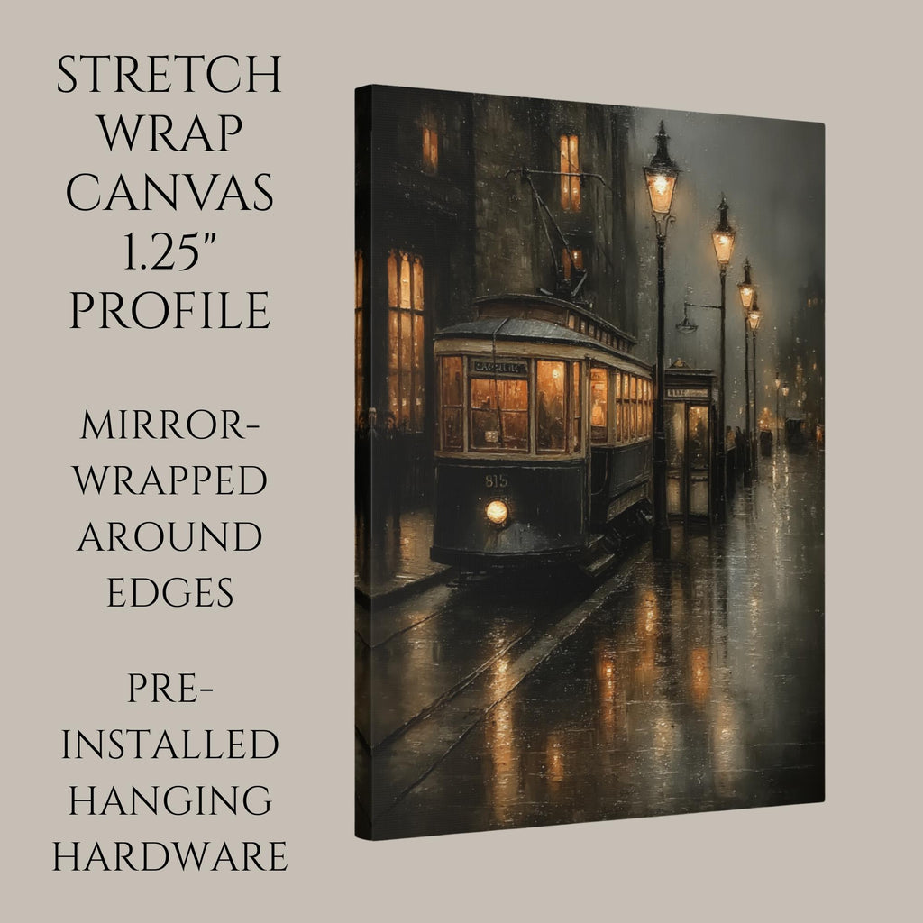 Victorian Tram Wall Art Print, Moody Rainy Street Scene, Dark Academia Gothic City Decor