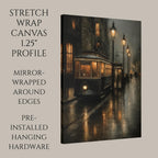 Victorian Tram Wall Art Print, Moody Rainy Street Scene, Dark Academia Gothic City Decor