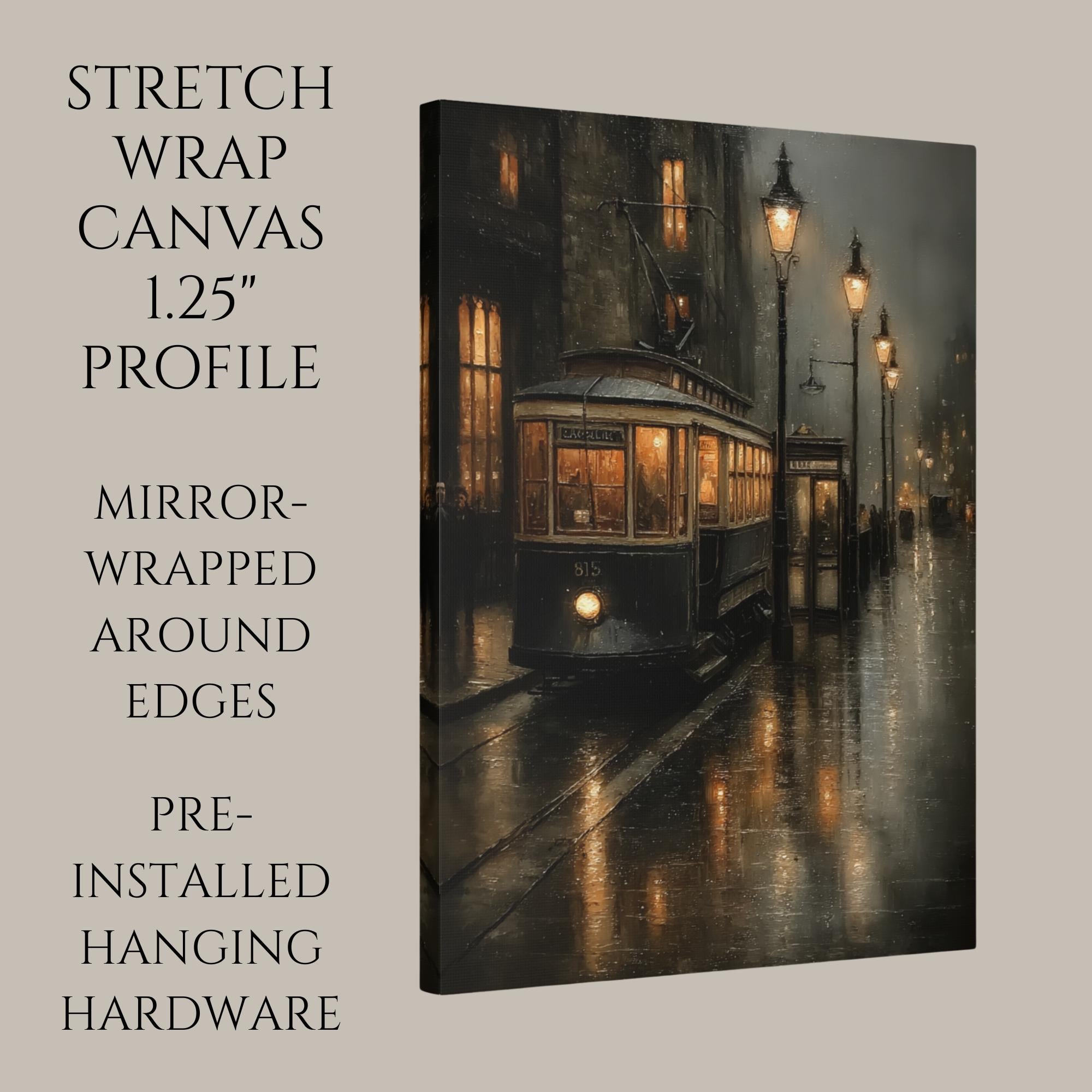 Victorian Tram Wall Art Print, Moody Rainy Street Scene, Dark Academia Gothic City Decor